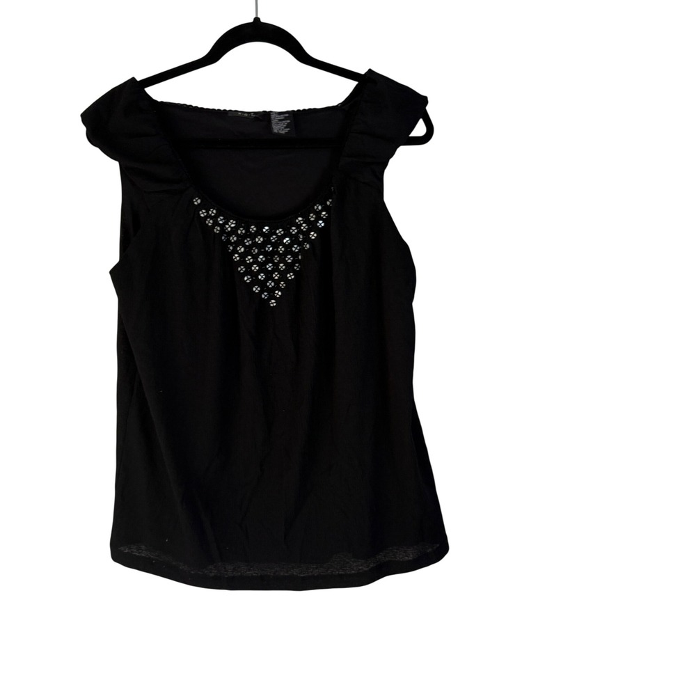 RQT Y2k Black Sleeveless Embellished Square Neck Blouse Top L‎ Babydoll Grunge